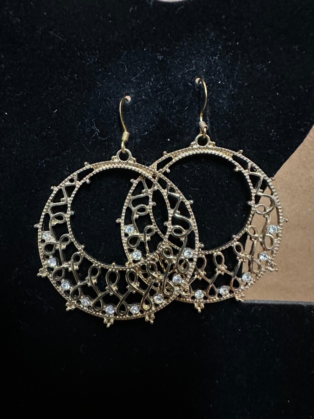 Gold-tone Filigree Chandelier Drop Hoop Earrings w/ Rhinestone Accents